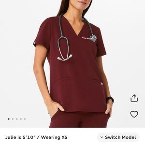 Figs Maroon V-Neck Short Sleeve Top